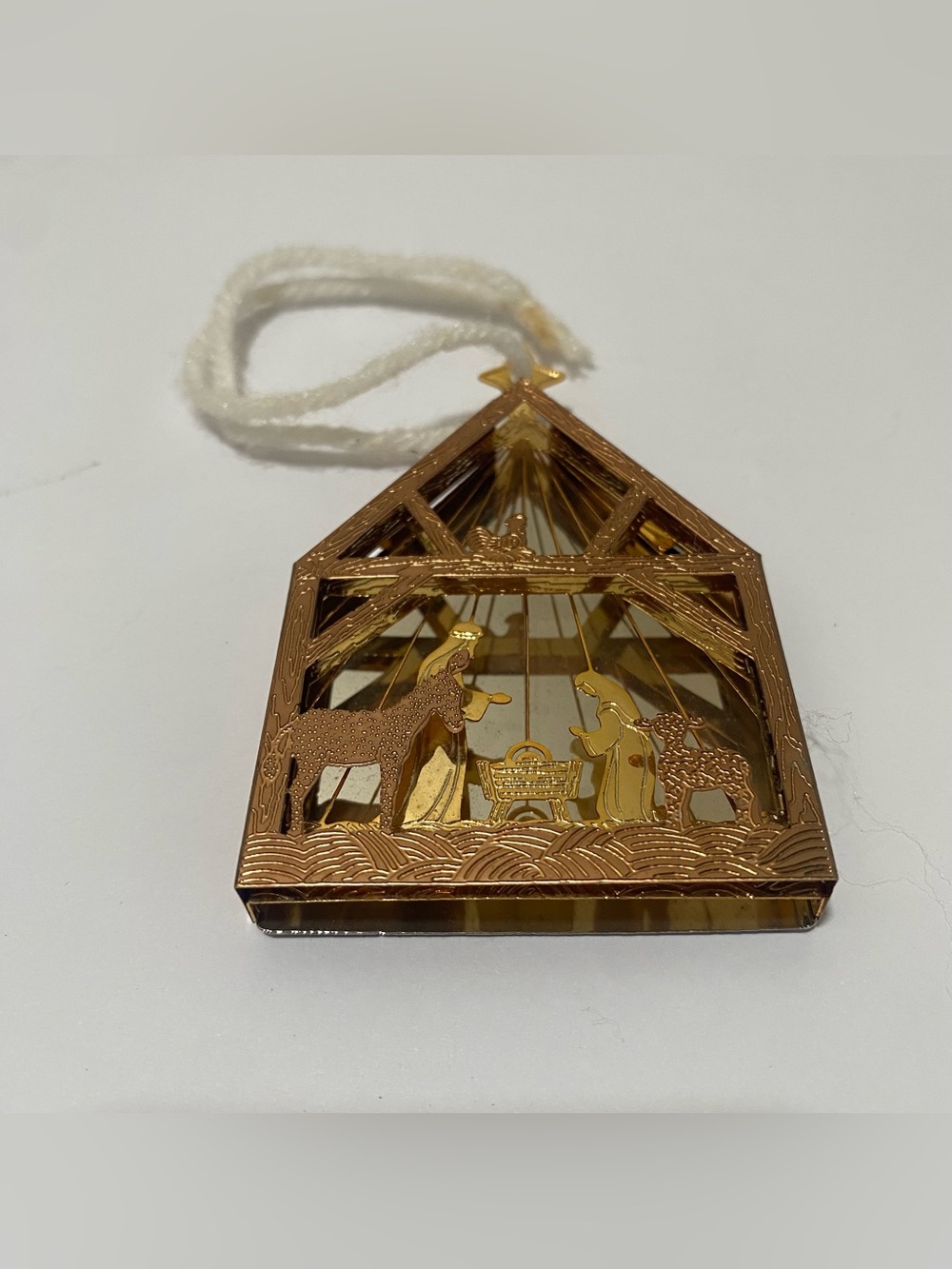 Hallmark 1987 Gold Metal Hanging Nativity Scene Christmas Ornament